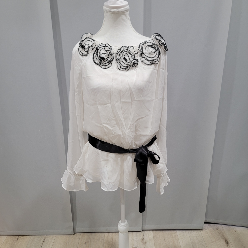 Adrianna Papell White Blouse with Black Floral Accents